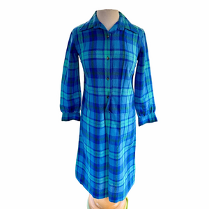 Vintage Donald Davies Blue Green Plaid Size 8 Shirt Dress Long Sleeve Wool
